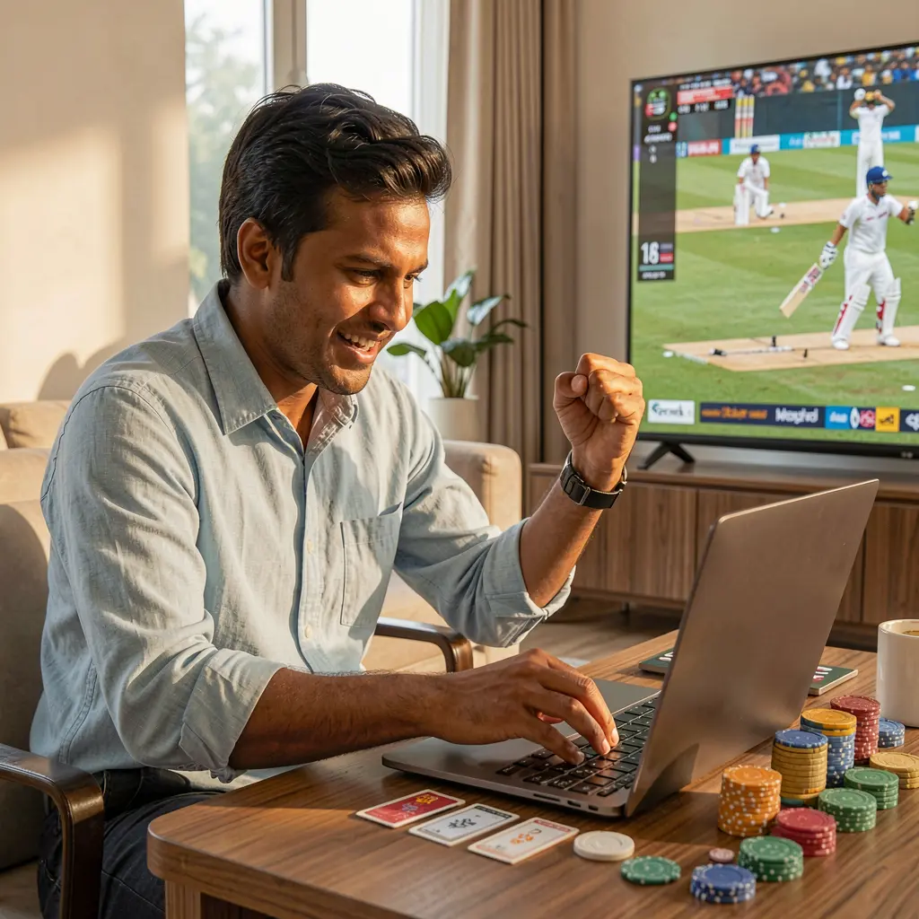 Cheerful Bangladeshi sports fan celebrating a winning bet on a laptop while watching a live cricket match, showcasing the excitement of betting with QW222
