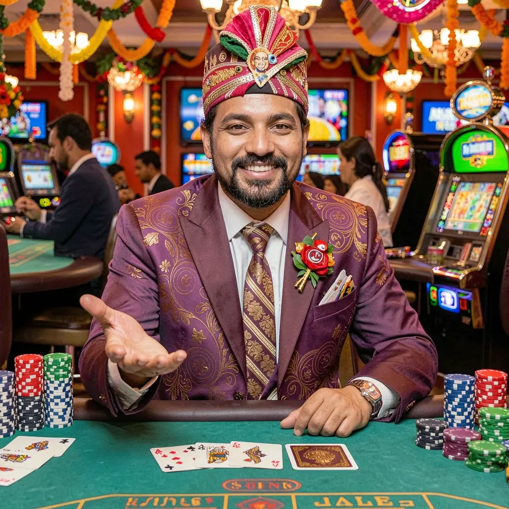 Friendly Bangladeshi casino dealer welcoming players at a vibrant table with cards and chips representing the trusted QW222 login experience