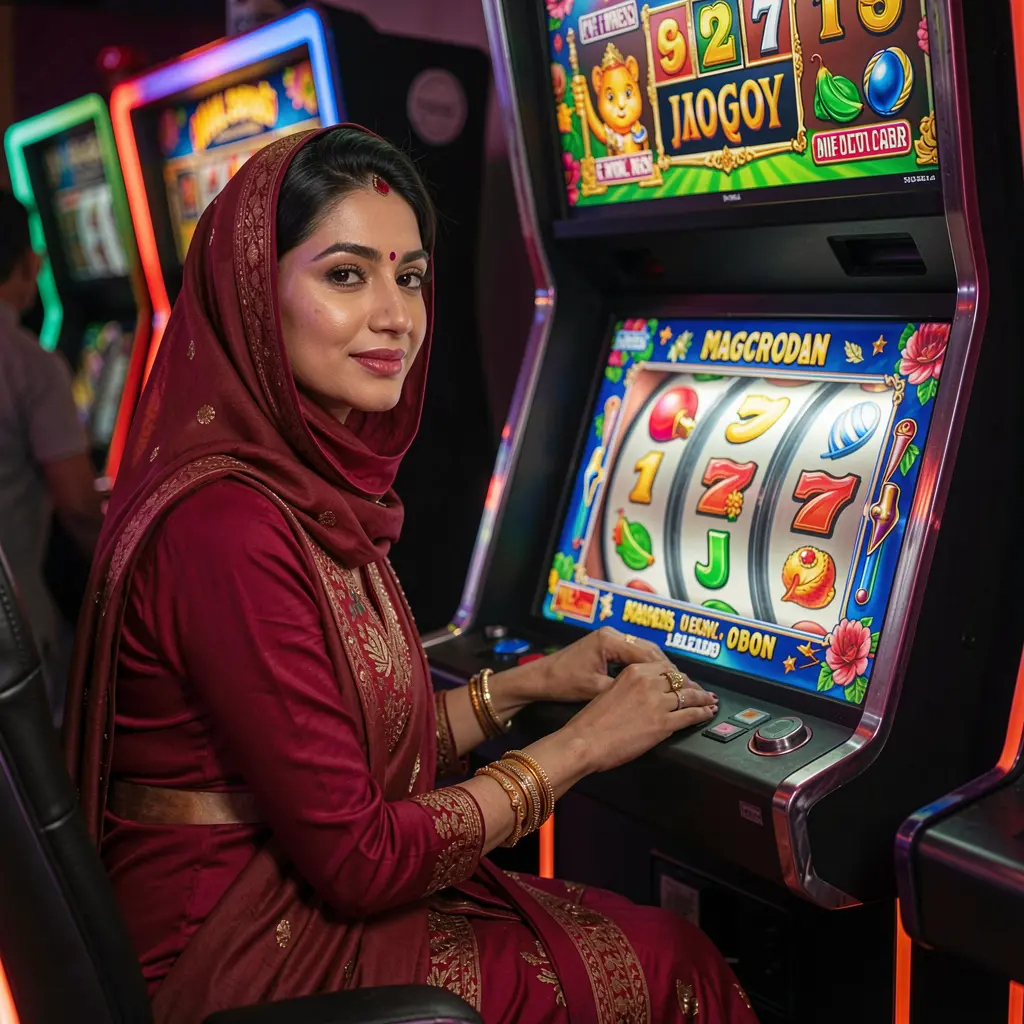Stylish woman in a luxurious casino environment playing a modern slot machine with glowing reels and jackpot symbols at QW222 online casino in Bangladesh